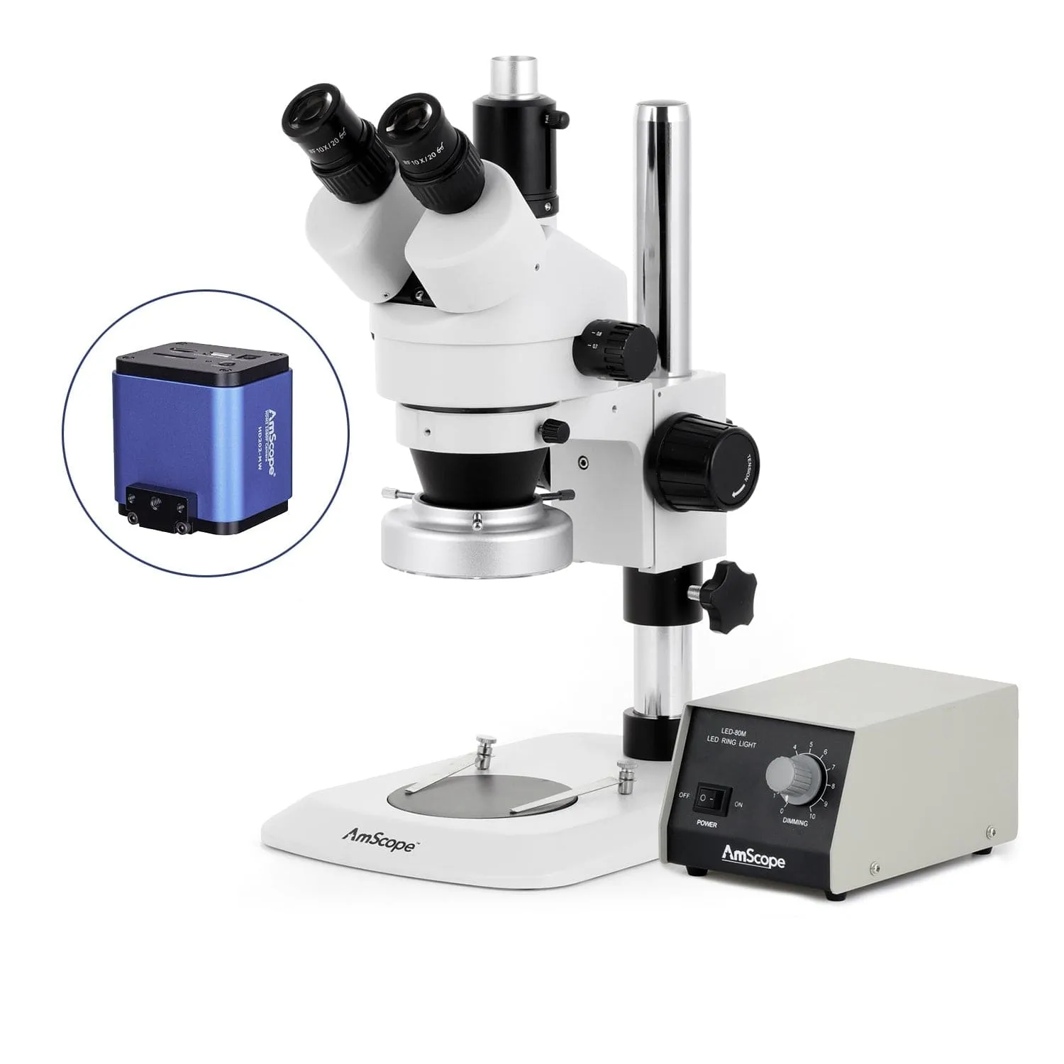 AmScope SM-1 Series Industrial Inspection Zoom Trinocular Stereo Microscope with Heavy Duty 80 LED Ring Light and HDMI Camera on Pillar Stand with Small Base