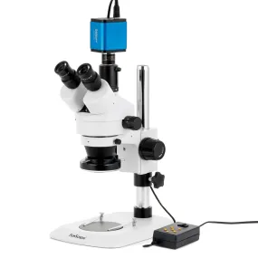AmScope SM-1 Series Industrial Inspection Zoom Trinocular Stereo Microscope with Multi-Zone 144 LED and HDMI Camera on Pillar Stand with Small Base