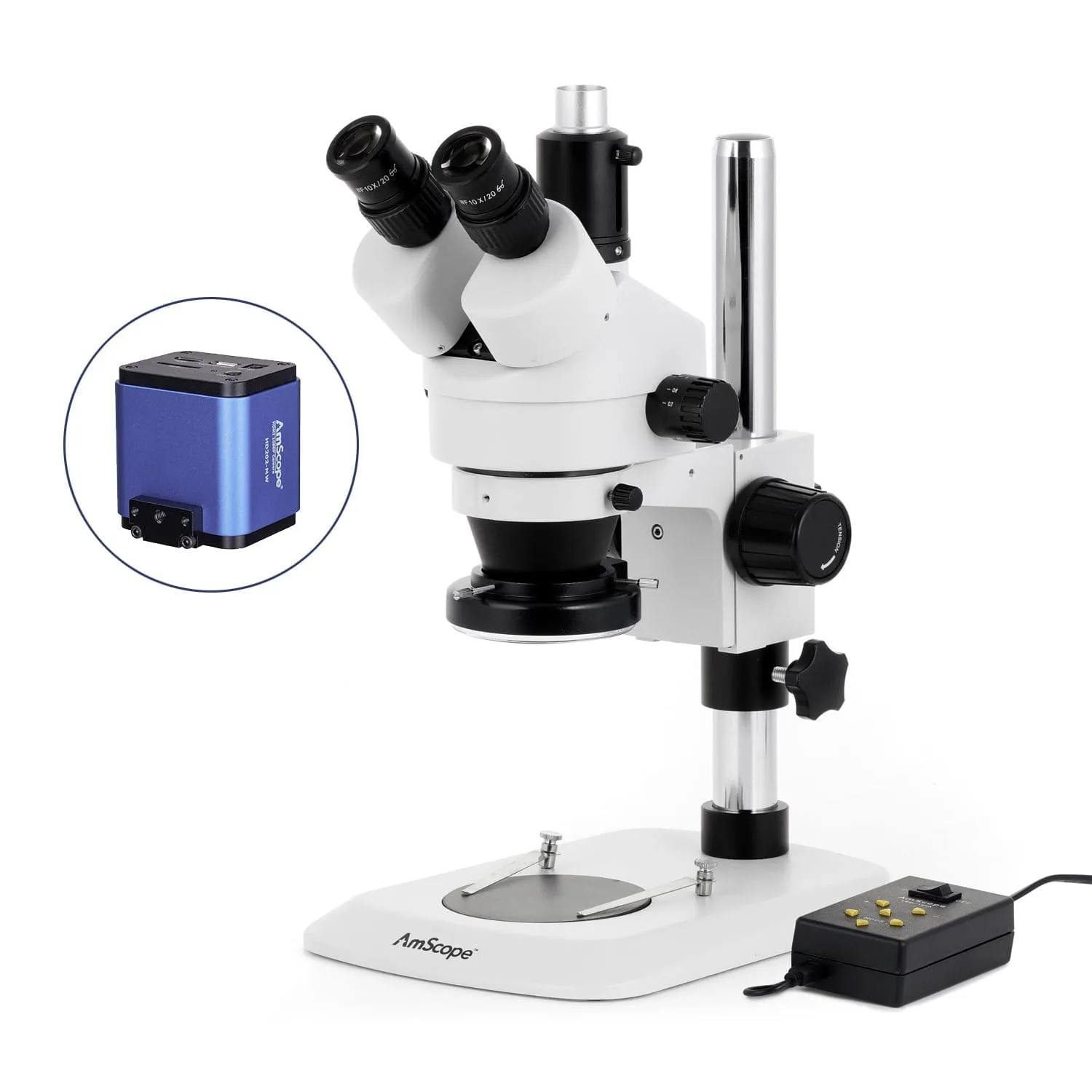 AmScope SM-1 Series Industrial Inspection Zoom Trinocular Stereo Microscope with Multi-Zone 144 LED and HDMI Camera on Pillar Stand with Small Base