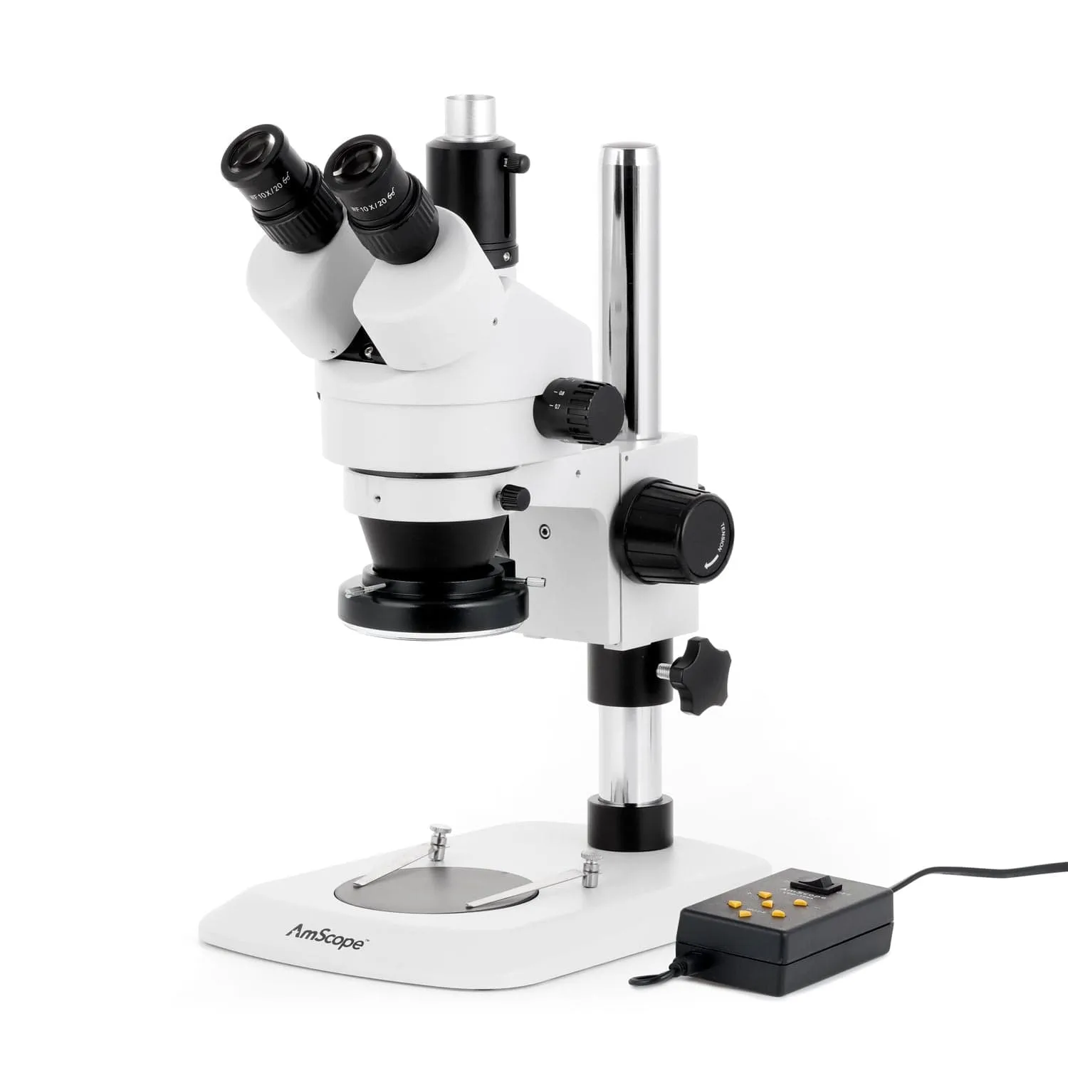 AmScope SM-1 Series Industrial Inspection Zoom Trinocular Stereo Microscope with Multi-Zone 144 LED and HDMI Camera on Pillar Stand with Small Base