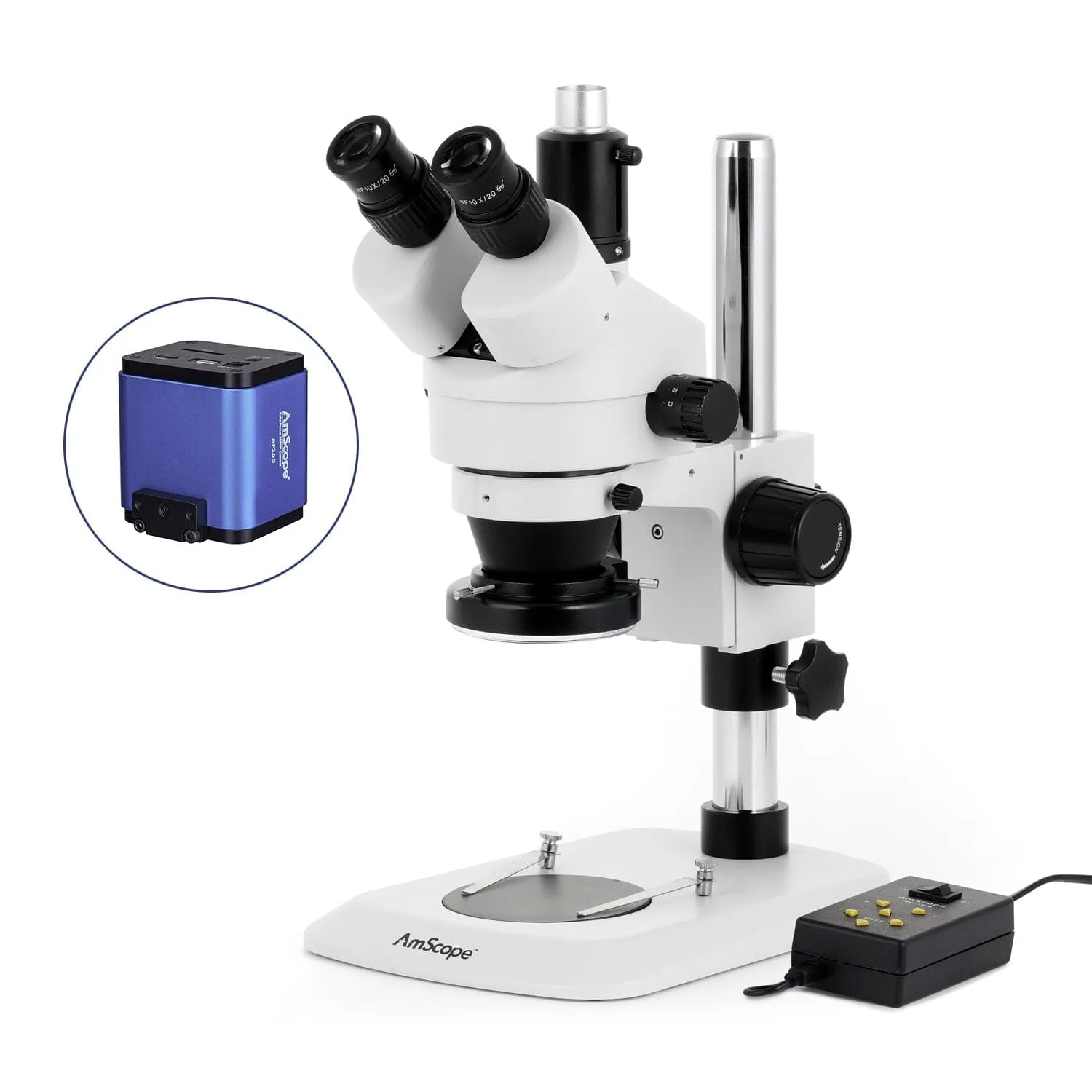 AmScope SM-1 Series Industrial Inspection Zoom Trinocular Stereo Microscope w/Multi-Zone 144 LED and Auto Focus Camera on Pillar Stand with Small Base