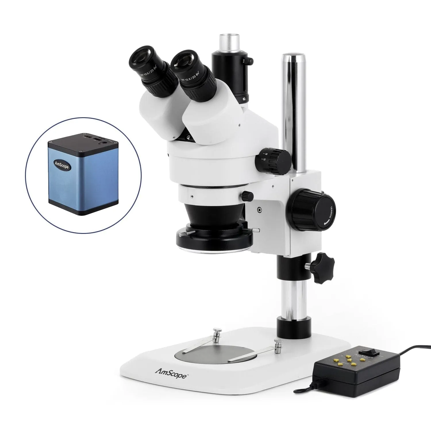 AmScope SM-1 Series Industrial Inspection Zoom Trinocular Stereo Microscope w/Multi-Zone 144 LED and Auto Focus Camera on Pillar Stand with Small Base