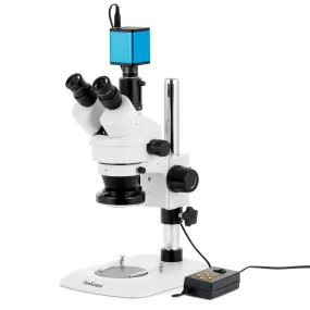 AmScope SM-1 Series Industrial Inspection Zoom Trinocular Stereo Microscope w/Multi-Zone 144 LED and Auto Focus Camera on Pillar Stand with Small Base
