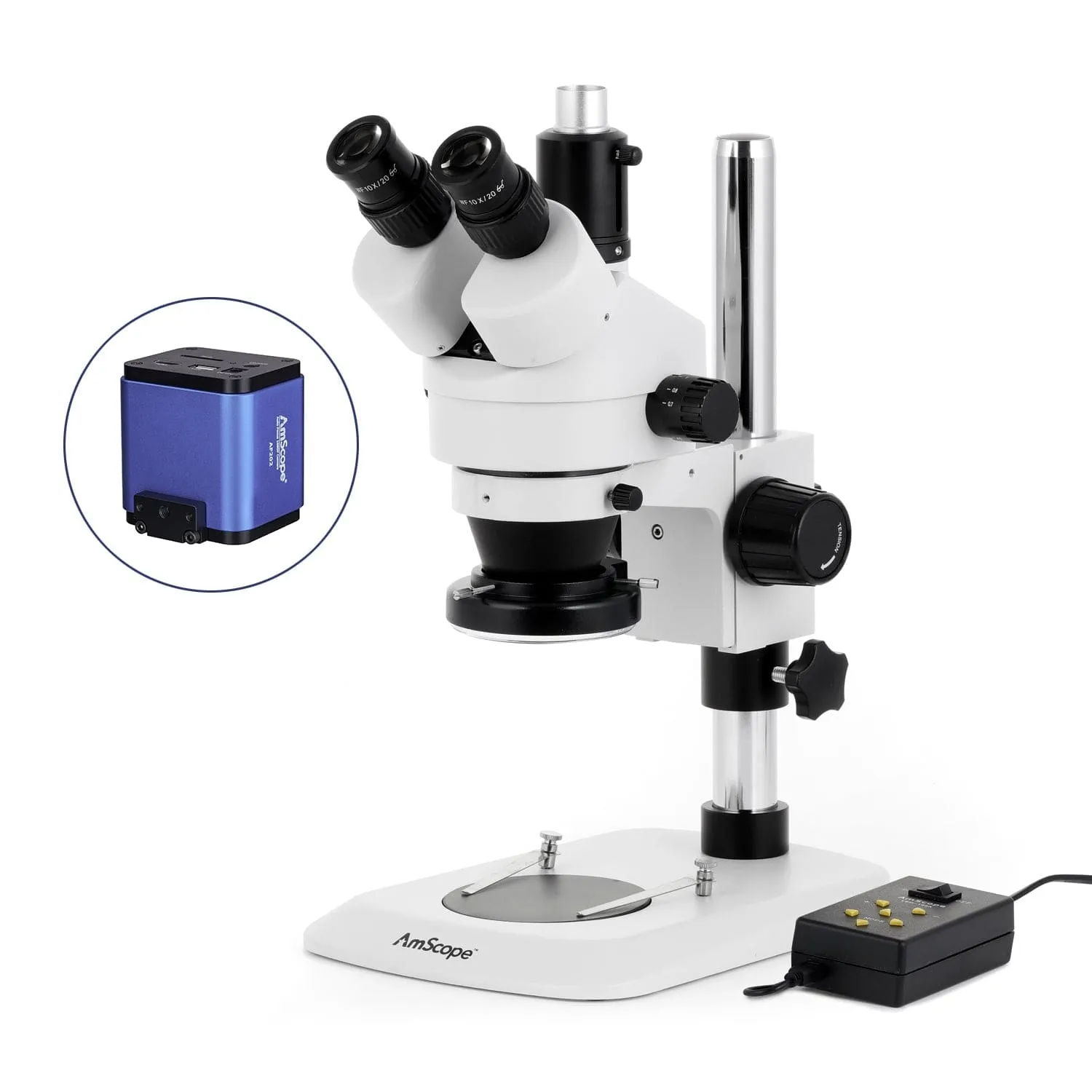 AmScope SM-1 Series Industrial Inspection Zoom Trinocular Stereo Microscope w/Multi-Zone 144 LED and Auto Focus Camera on Pillar Stand with Small Base