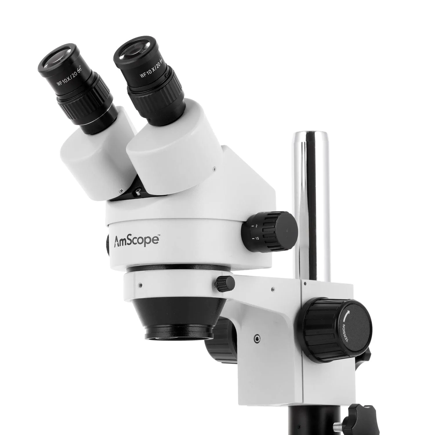 AmScope SM-1 Series Inspection and Dissecting Zoom Binocular Stereo Microscope with 150W Halogen Ring Light and Optional Digital Camera on Compact Pillar Stand