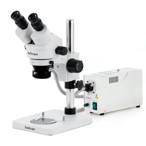 AmScope SM-1 Series Inspection and Dissecting Zoom Binocular Stereo Microscope with 150W Halogen Ring Light and Optional Digital Camera on Compact Pillar Stand