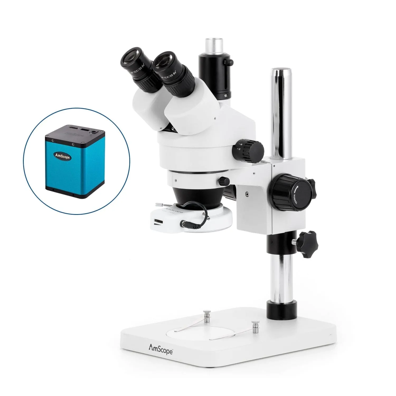 AmScope SM-1 Series Zoom Trinocular Stereo Microscope with 144 LED Compact Ring Light and Auto Focus Camera on Pillar Stand