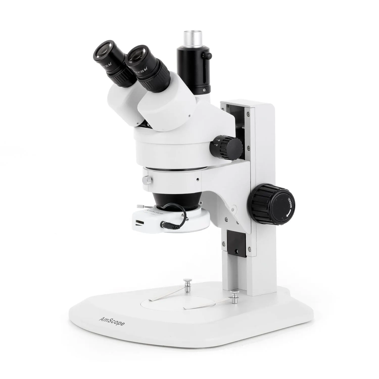 AmScope SM-1 Series Zoom Trinocular Stereo Microscope with 144 LED Compact Ring Light and Auto Focus Camera on Track Stand