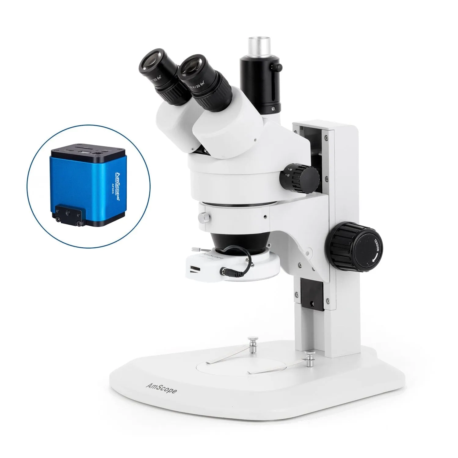 AmScope SM-1 Series Zoom Trinocular Stereo Microscope with 144 LED Compact Ring Light and Auto Focus Camera on Track Stand