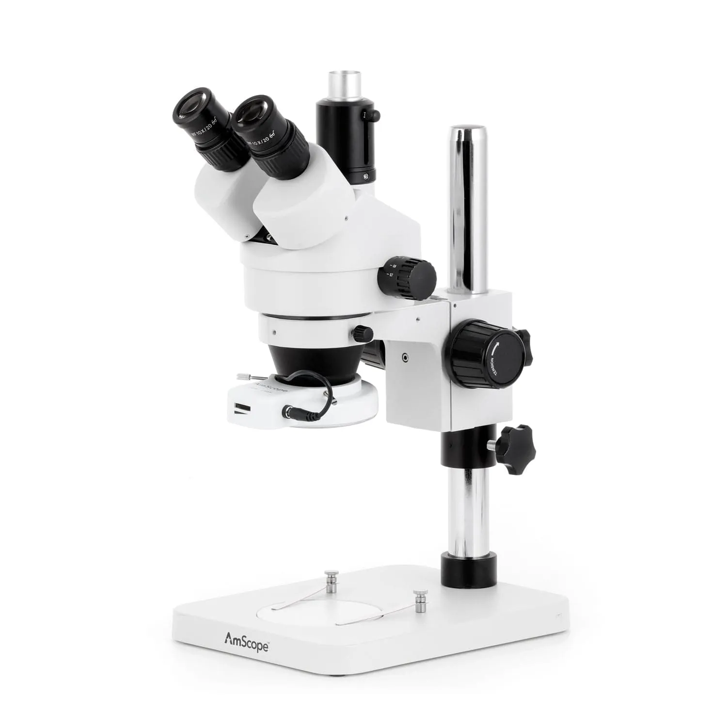 AmScope SM-1 Series Zoom Trinocular Stereo Microscope with 144 LED Compact Ring Light and HDMI Camera on Pillar Stand