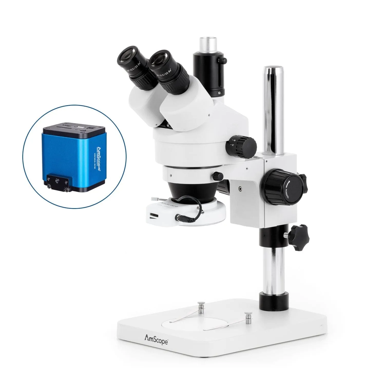 AmScope SM-1 Series Zoom Trinocular Stereo Microscope with 144 LED Compact Ring Light and HDMI Camera on Pillar Stand