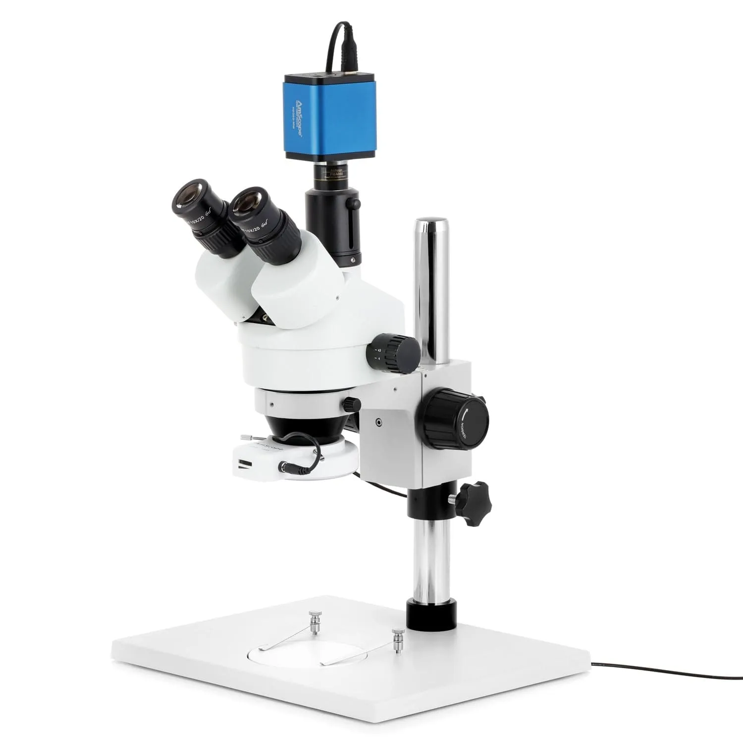 AmScope SM-1 Series Zoom Trinocular Stereo Microscope with 144 LED Compact Ring Light and HDMI Camera on Track Stand