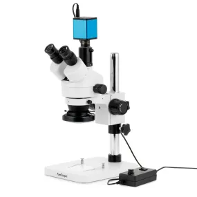 AmScope SM-1 Series Zoom Trinocular Stereo Microscope with 144 LED Ring Light and Auto Focus Camera on Pillar Stand