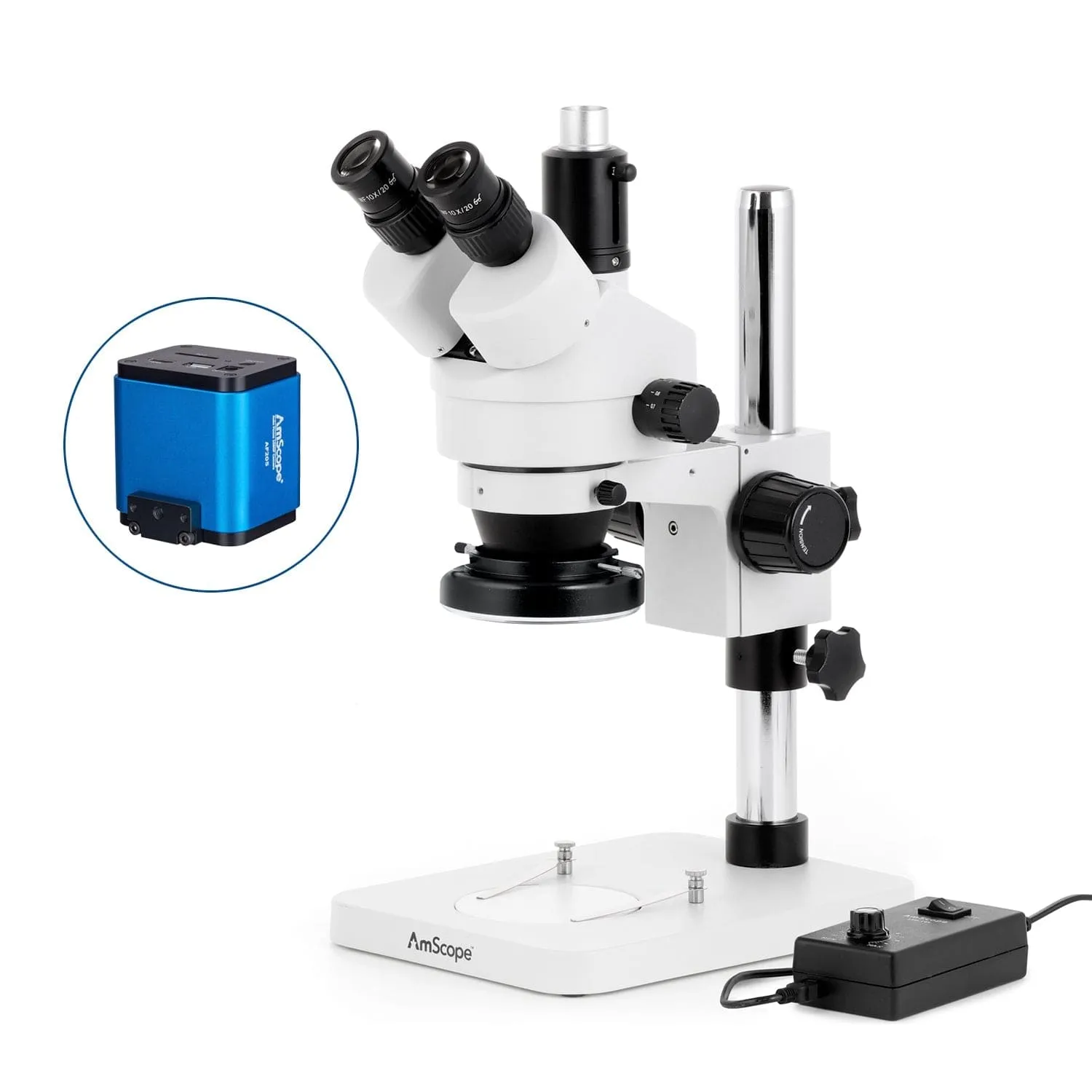 AmScope SM-1 Series Zoom Trinocular Stereo Microscope with 144 LED Ring Light and Auto Focus Camera on Pillar Stand
