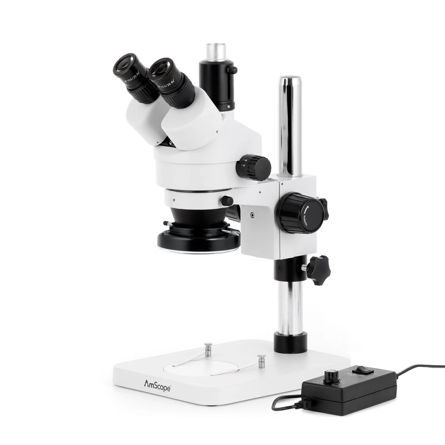AmScope SM-1 Series Zoom Trinocular Stereo Microscope with 144 LED Ring Light and Auto Focus Camera on Pillar Stand