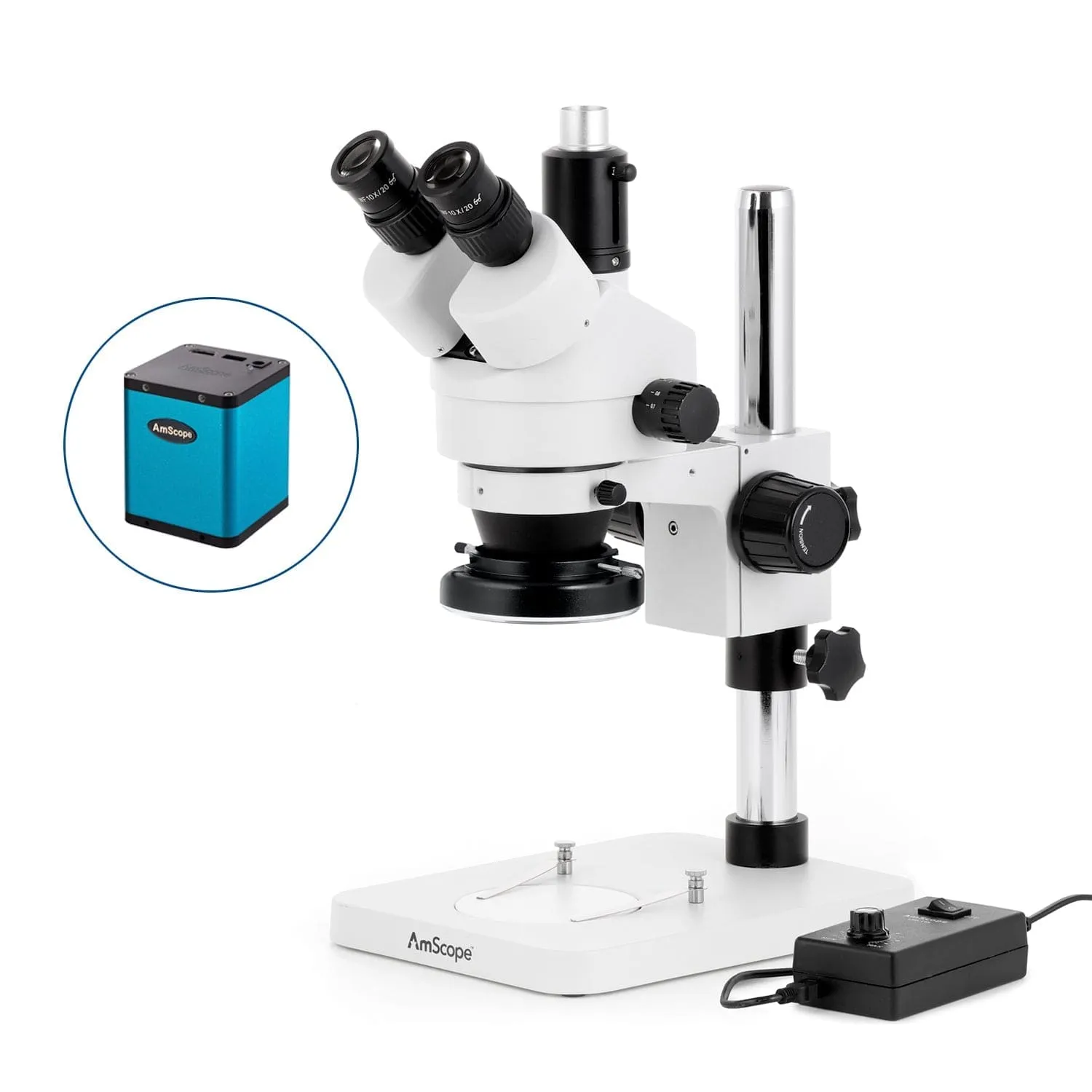 AmScope SM-1 Series Zoom Trinocular Stereo Microscope with 144 LED Ring Light and Auto Focus Camera on Pillar Stand