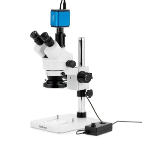 AmScope SM-1 Series Zoom Trinocular Stereo Microscope with 144 LED Ring Light and HDMI Camera on Pillar Stand