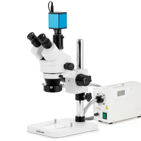 AmScope SM-1 Series Zoom Trinocular Stereo Microscope with 150W Halogen Ring Light and Auto Focus Camera on Pillar Stand
