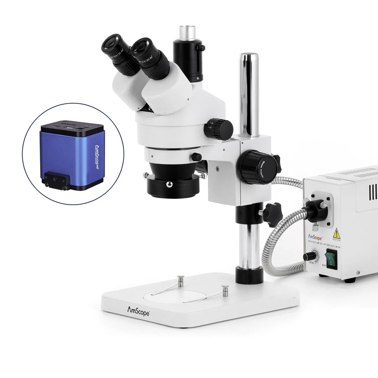 AmScope SM-1 Series Zoom Trinocular Stereo Microscope with 150W Halogen Ring Light and HDMI Camera on Pillar Stand