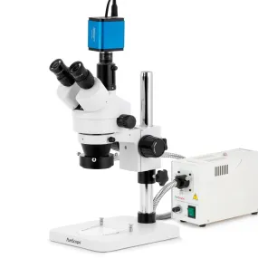 AmScope SM-1 Series Zoom Trinocular Stereo Microscope with 150W Halogen Ring Light and HDMI Camera on Pillar Stand