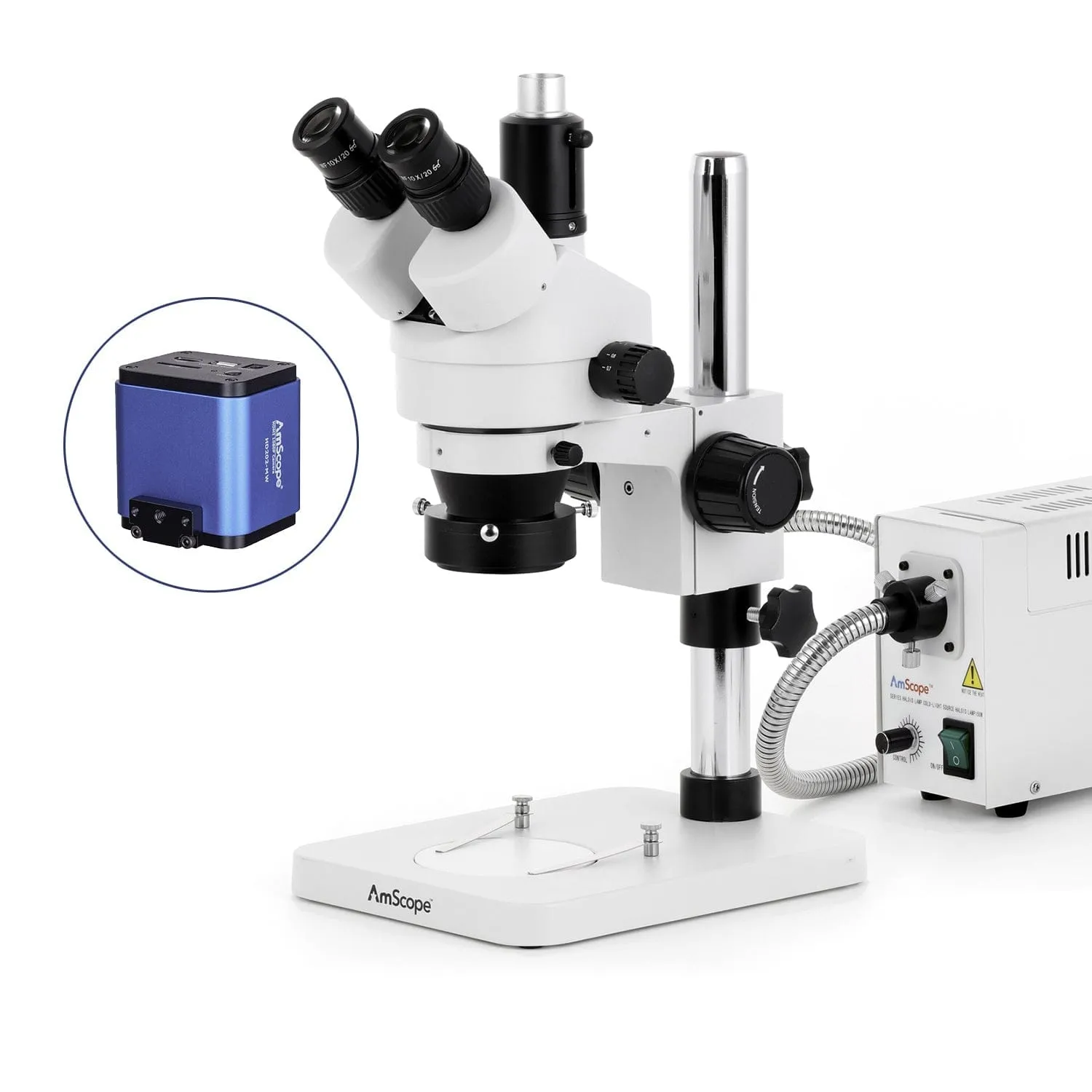 AmScope SM-1 Series Zoom Trinocular Stereo Microscope with 150W Halogen Ring Light and HDMI Camera on Pillar Stand