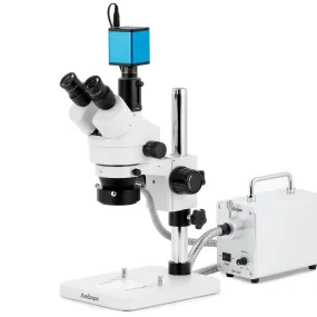 AmScope SM-1 Series Zoom Trinocular Stereo Microscope with 30W LED Fiber Optic Ring Light and Auto Focus Camera on Pillar Stand