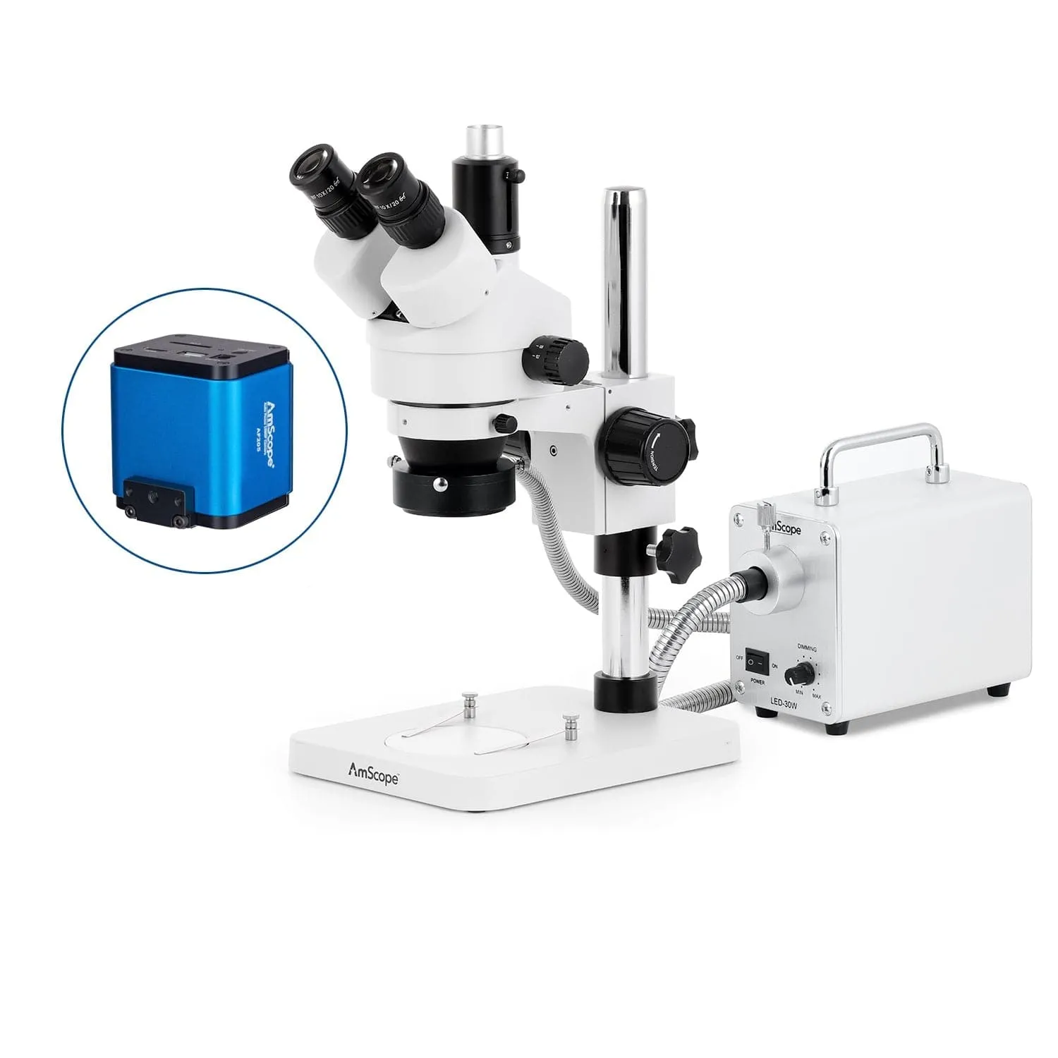 AmScope SM-1 Series Zoom Trinocular Stereo Microscope with 30W LED Fiber Optic Ring Light and HDMI Camera on Pillar Stand