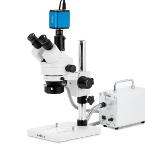 AmScope SM-1 Series Zoom Trinocular Stereo Microscope with 30W LED Fiber Optic Ring Light and HDMI Camera on Pillar Stand