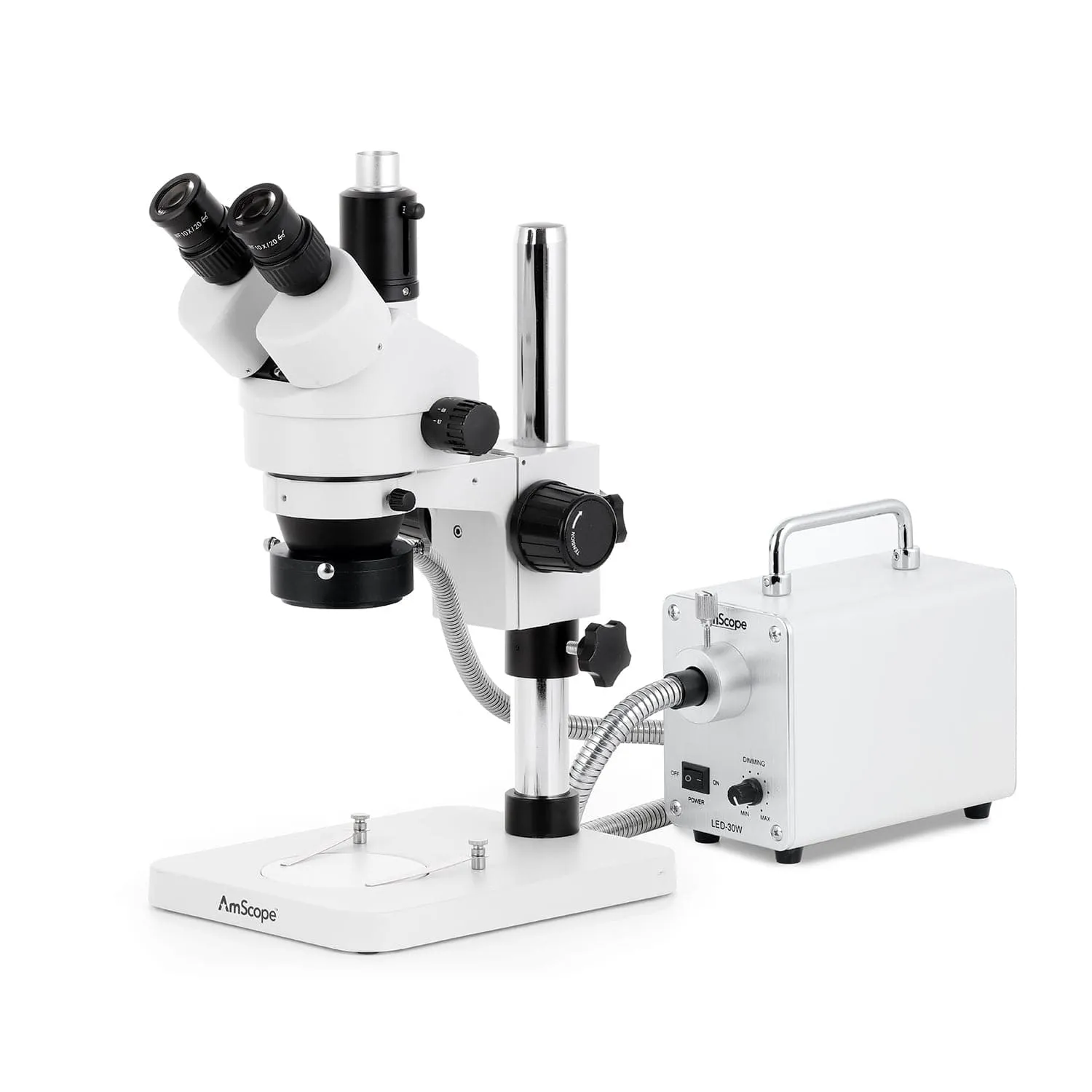 AmScope SM-1 Series Zoom Trinocular Stereo Microscope with 30W LED Fiber Optic Ring Light and HDMI Camera on Pillar Stand