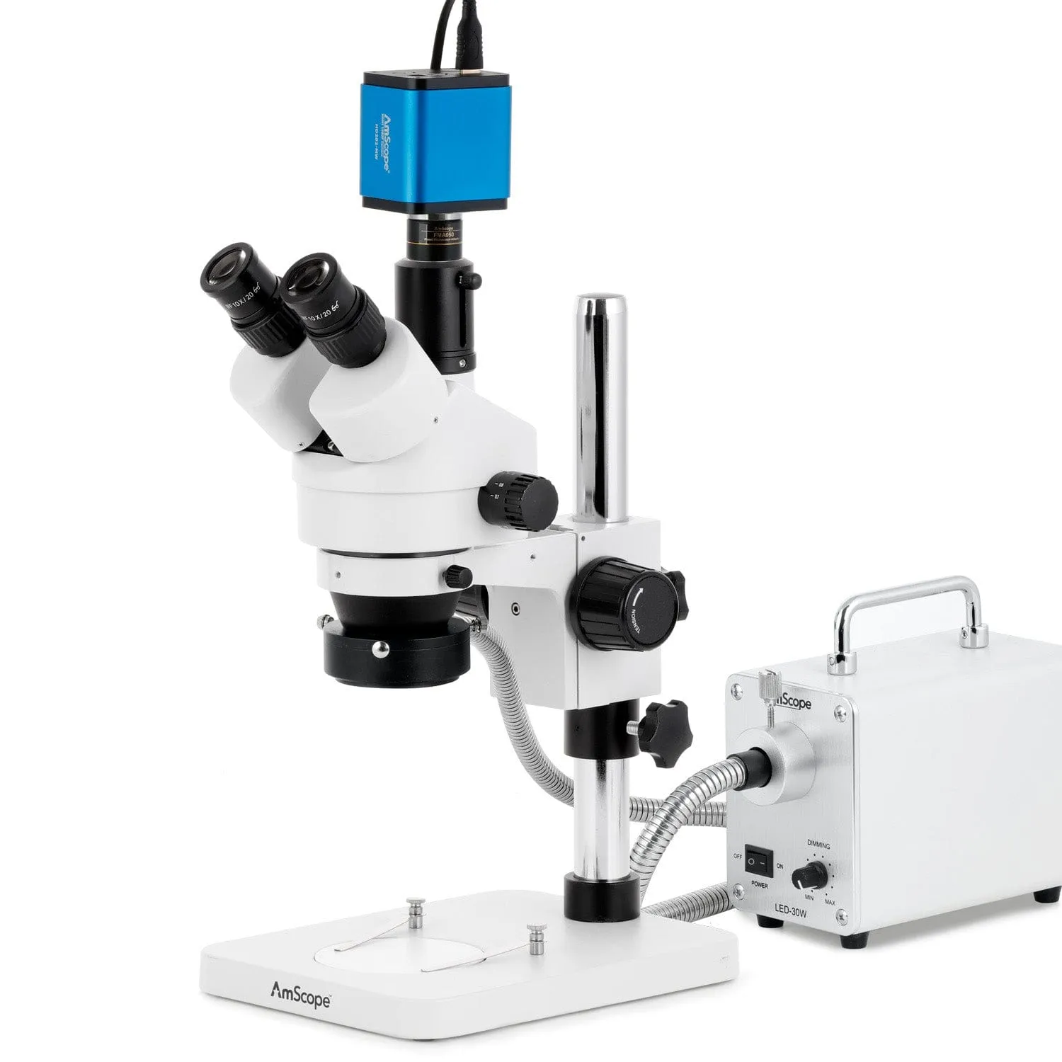 AmScope SM-1 Series Zoom Trinocular Stereo Microscope with 30W LED Fiber Optic Ring Light and HDMI Camera on Pillar Stand
