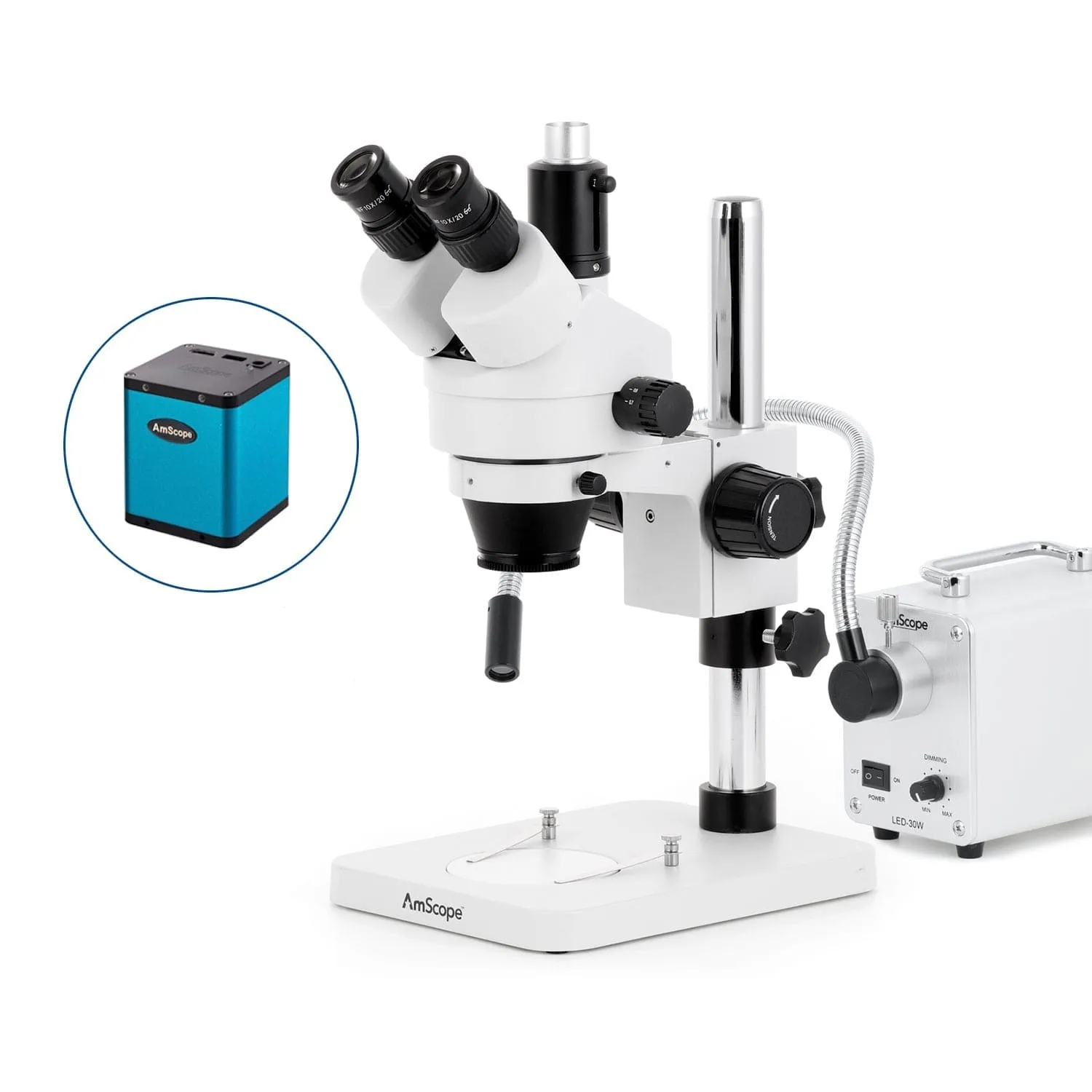 AmScope SM-1 Series Zoom Trinocular Stereo Microscope with 30W LED Single Fiber Optic Gooseneck Light and Auto Focus Camera on Pillar Stand