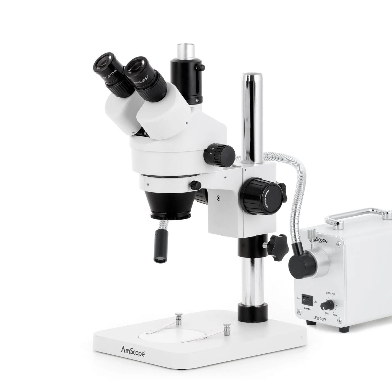 AmScope SM-1 Series Zoom Trinocular Stereo Microscope with 30W LED Single Fiber Optic Gooseneck Light and Auto Focus Camera on Pillar Stand