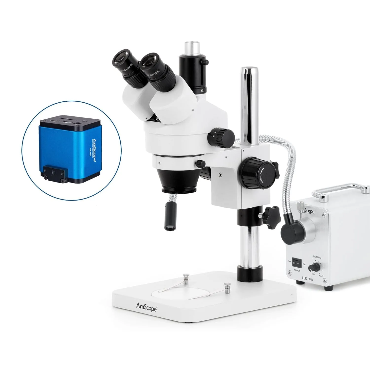 AmScope SM-1 Series Zoom Trinocular Stereo Microscope with 30W LED Single Fiber Optic Gooseneck Light and Auto Focus Camera on Pillar Stand