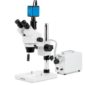 AmScope SM-1 Series Zoom Trinocular Stereo Microscope with 30W LED Single Fiber Optic Gooseneck Light and HDMI Camera on Pillar Stand