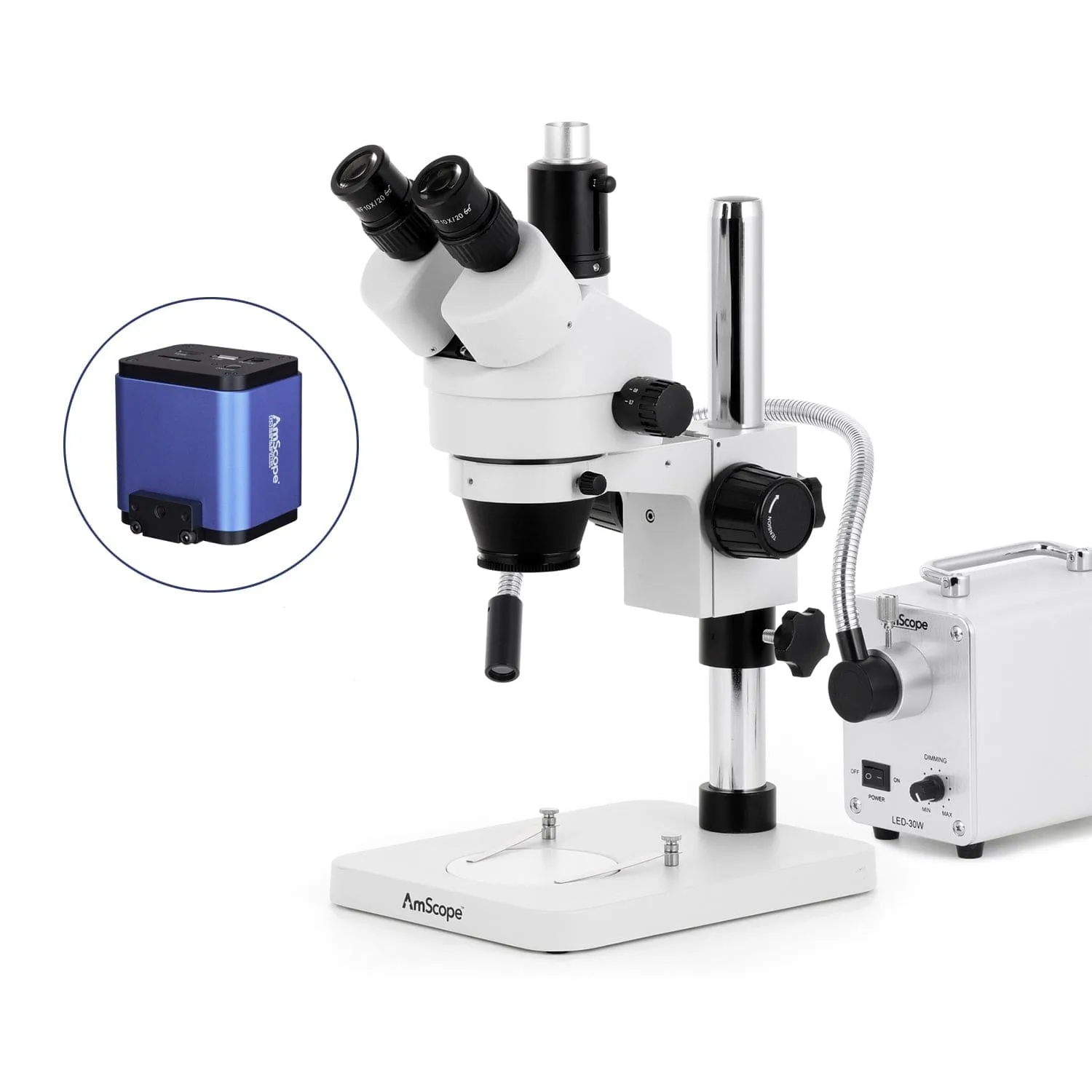 AmScope SM-1 Series Zoom Trinocular Stereo Microscope with 30W LED Single Fiber Optic Gooseneck Light and HDMI Camera on Pillar Stand