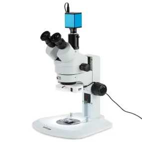 AmScope SM-1 Series Zoom Trinocular Stereo Microscope with 56 LED Compact Ring Light and Auto Focus Camera on Track Stand