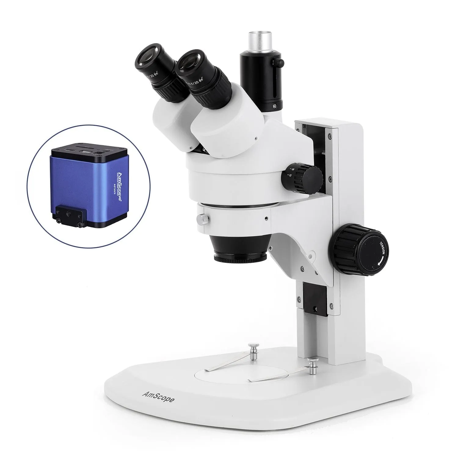 AmScope SM-1 Series Zoom Trinocular Stereo Microscope with 56 LED Compact Ring Light and Auto Focus Camera on Track Stand