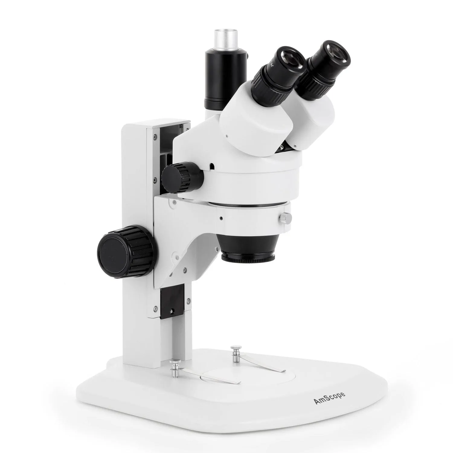 AmScope SM-1 Series Zoom Trinocular Stereo Microscope with 56 LED Compact Ring Light and Auto Focus Camera on Track Stand