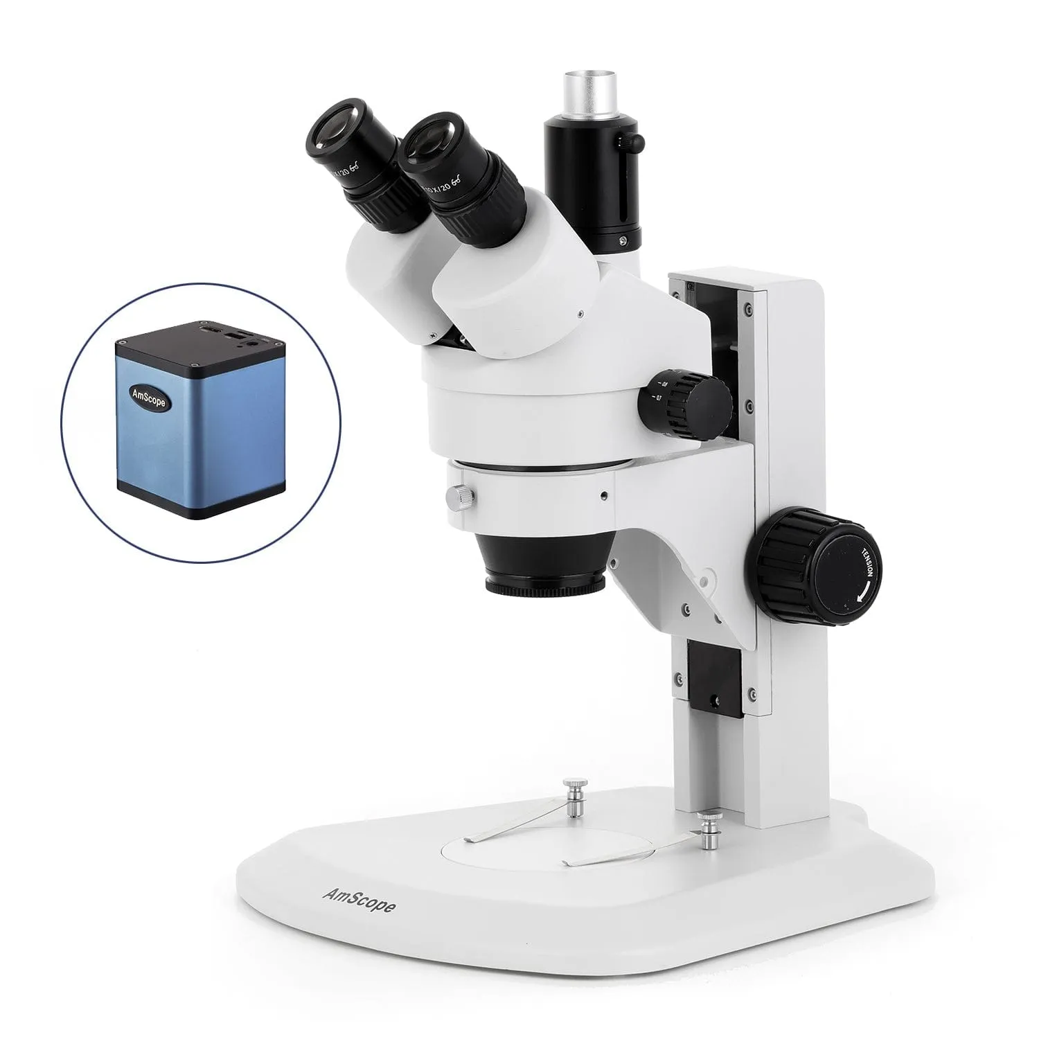 AmScope SM-1 Series Zoom Trinocular Stereo Microscope with 56 LED Compact Ring Light and Auto Focus Camera on Track Stand