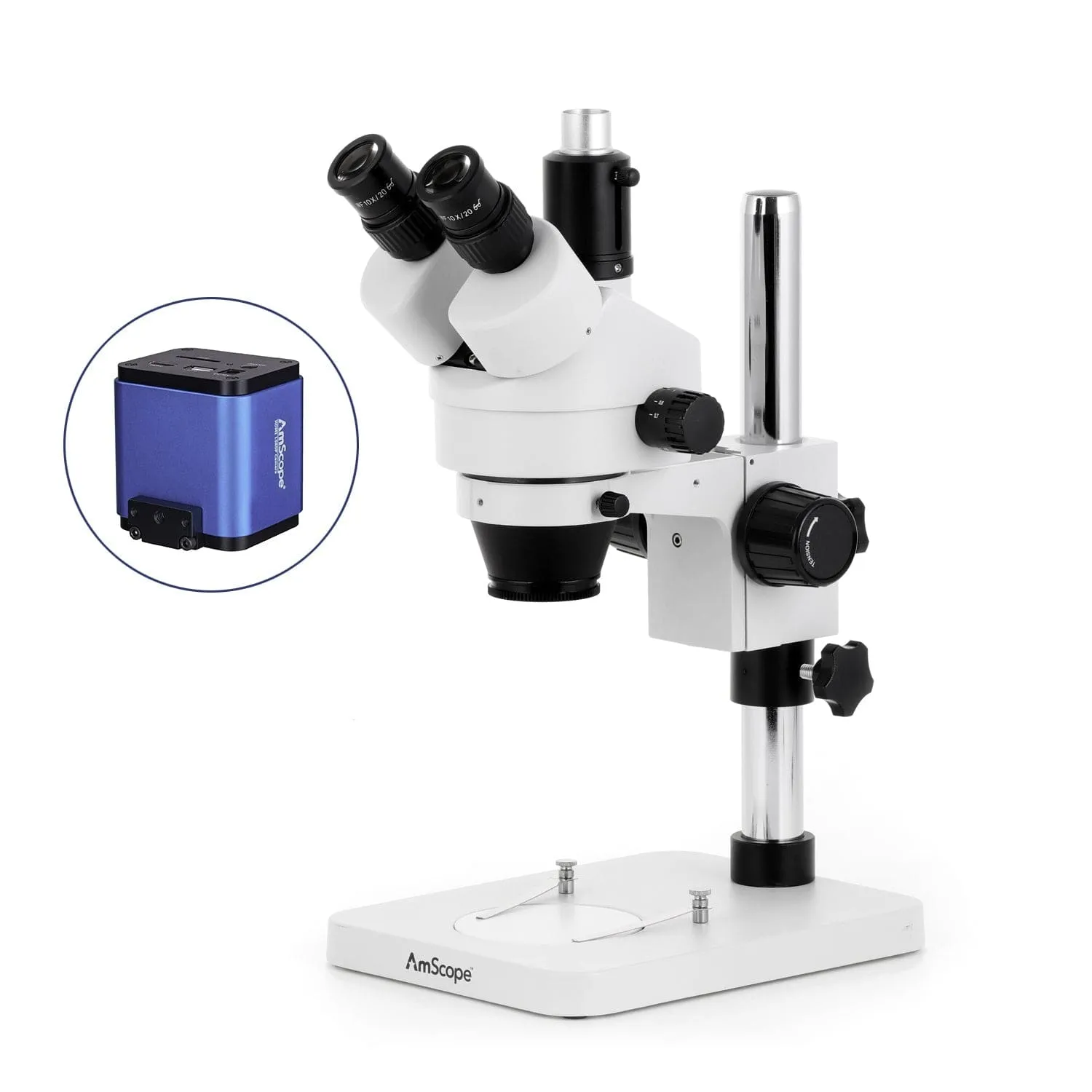 AmScope SM-1 Series Zoom Trinocular Stereo Microscope with 56 LED Compact Ring Light and HDMI Camera on Pillar Stand