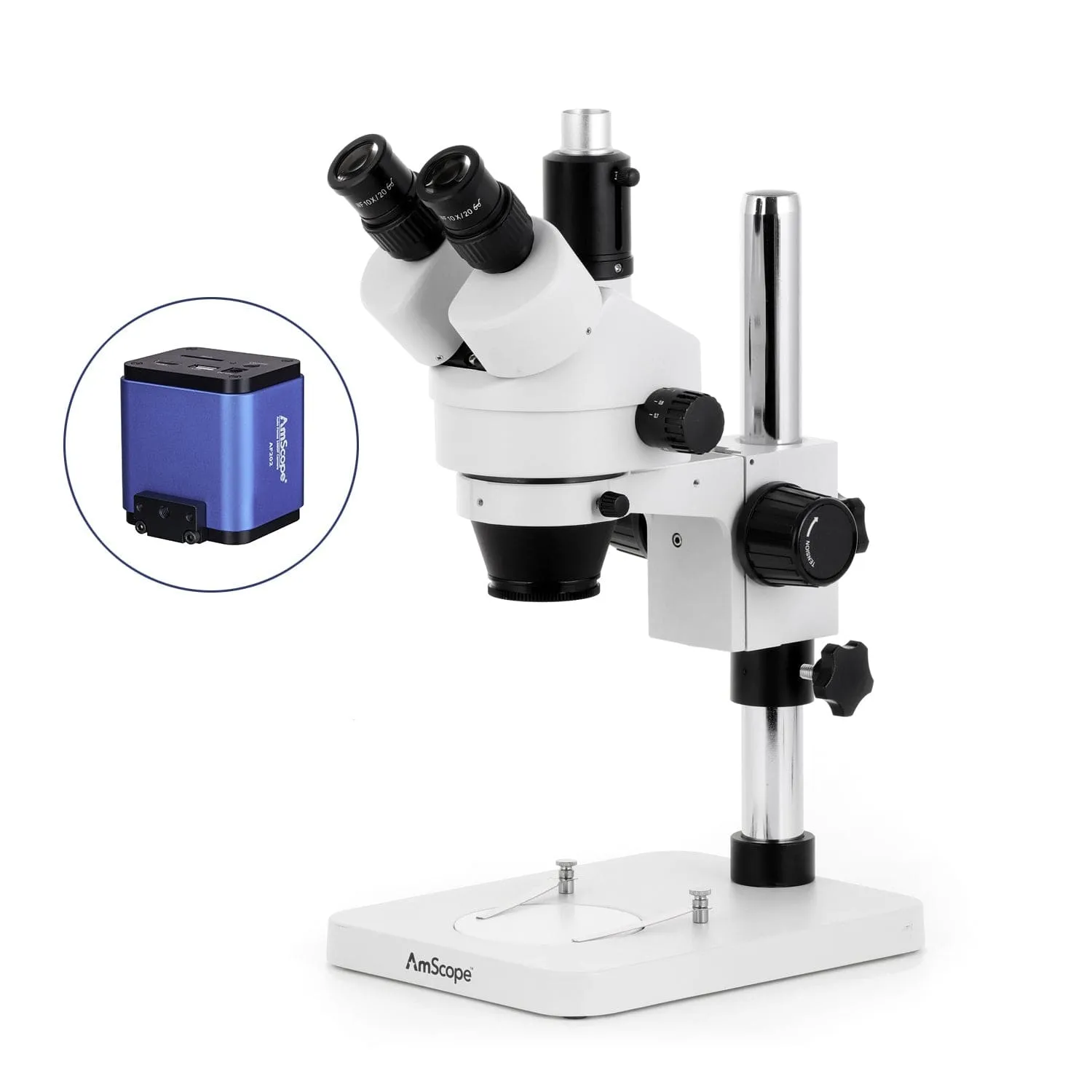 AmScope SM-1 Series Zoom Trinocular Stereo Microscope with 64 LED Compact Ring Light and Auto Focus Camera on Pillar Stand