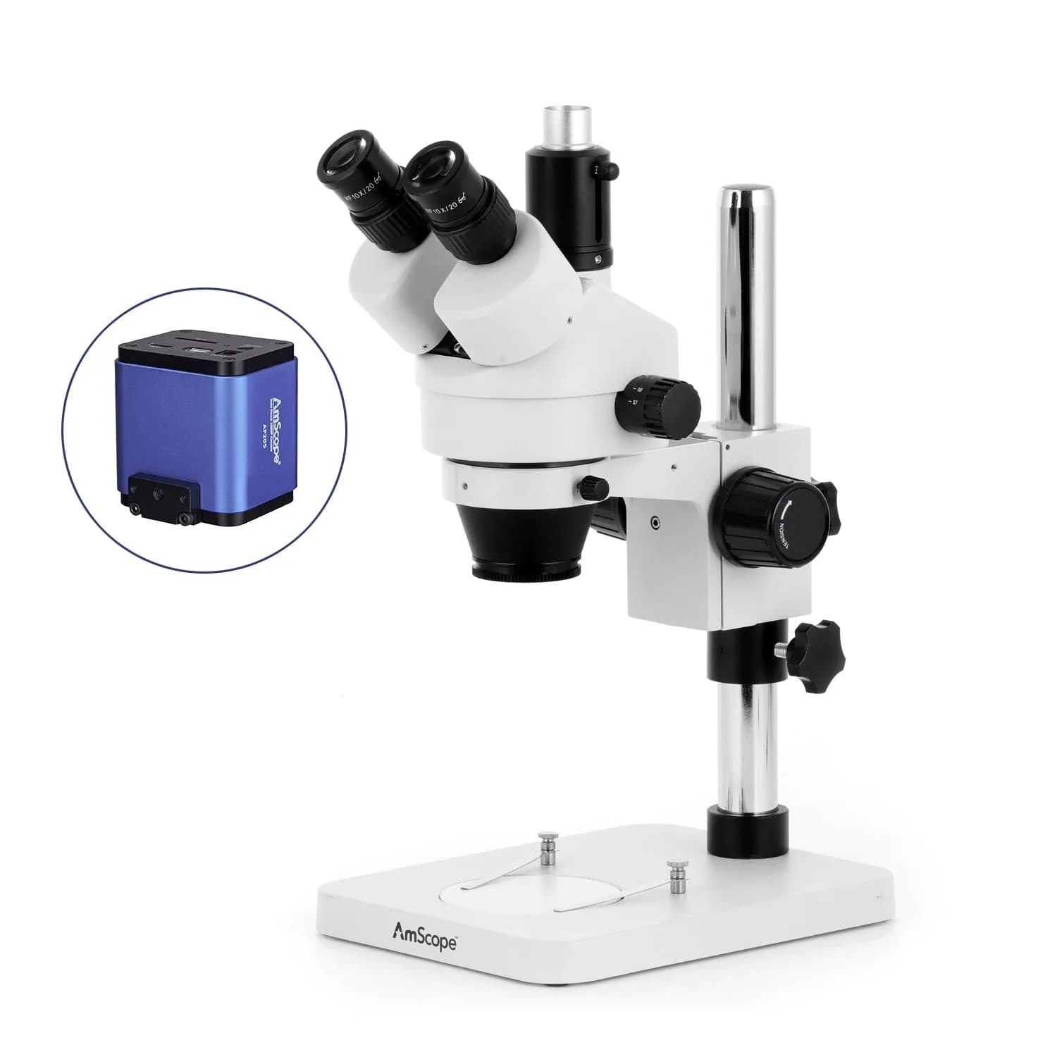 AmScope SM-1 Series Zoom Trinocular Stereo Microscope with 64 LED Compact Ring Light and Auto Focus Camera on Pillar Stand