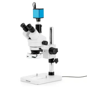 AmScope SM-1 Series Zoom Trinocular Stereo Microscope with 64 LED Compact Ring Light and Auto Focus Camera on Pillar Stand