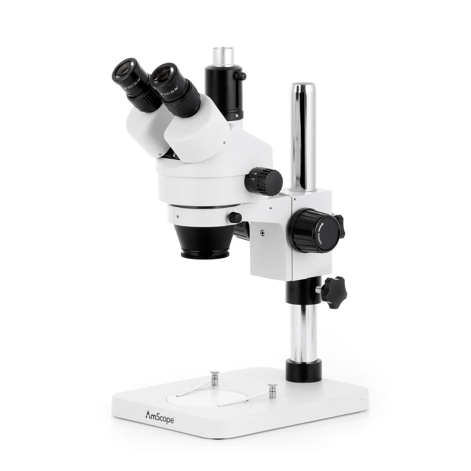 AmScope SM-1 Series Zoom Trinocular Stereo Microscope with 64 LED Compact Ring Light and Auto Focus Camera on Pillar Stand