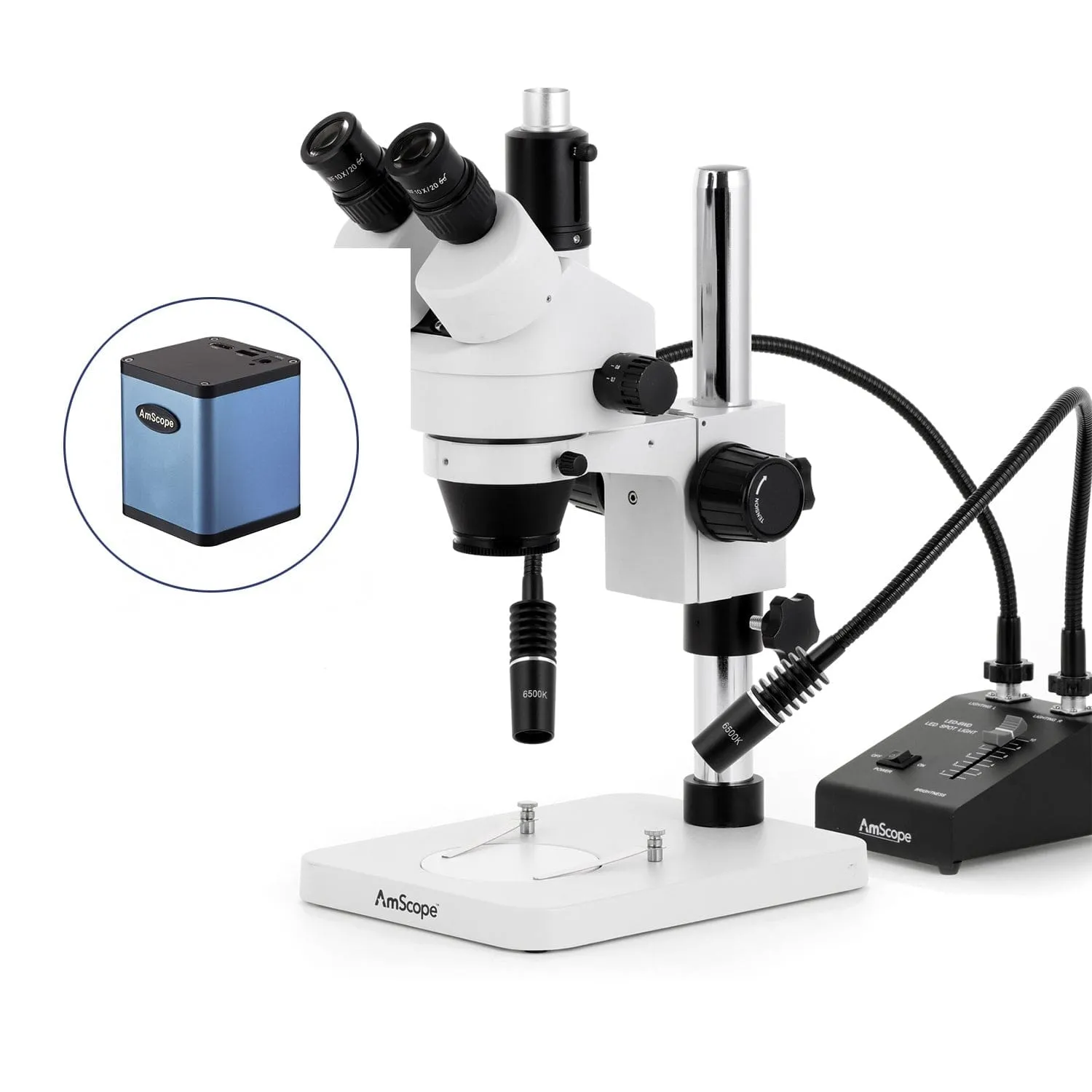AmScope SM-1 Series Zoom Trinocular Stereo Microscope with 6W Dual-Gooseneck LED Illuminator and Auto Focus Camera on Pillar Stand