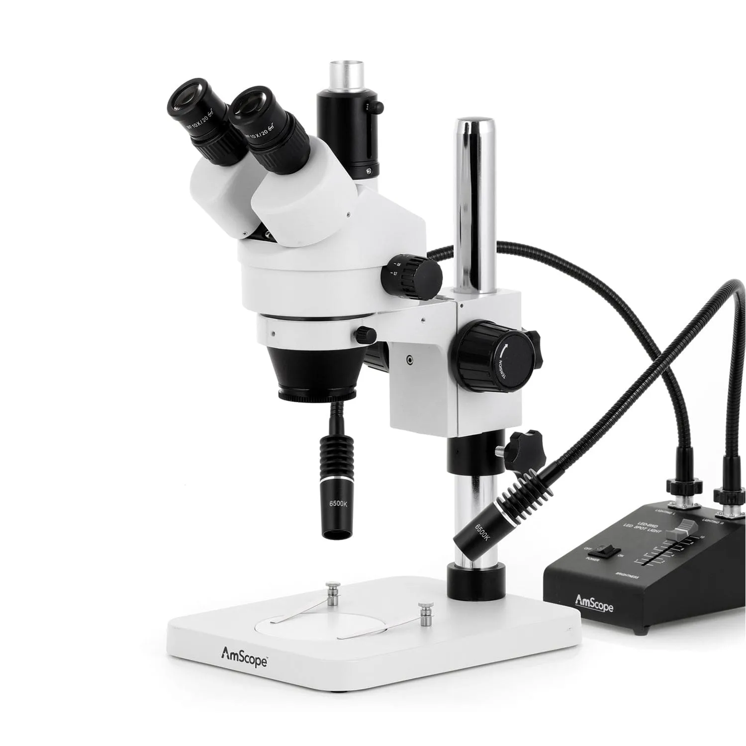 AmScope SM-1 Series Zoom Trinocular Stereo Microscope with 6W Dual-Gooseneck LED Illuminator and HDMI Camera on Pillar Stand