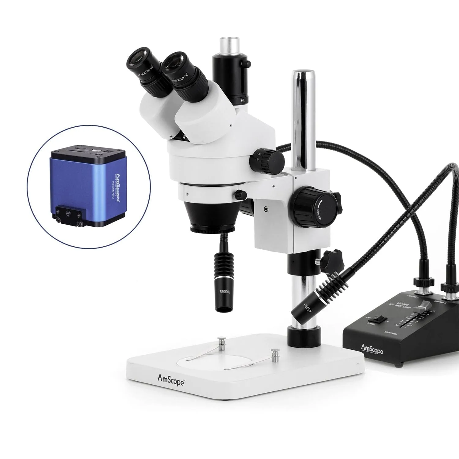 AmScope SM-1 Series Zoom Trinocular Stereo Microscope with 6W Dual-Gooseneck LED Illuminator and HDMI Camera on Pillar Stand