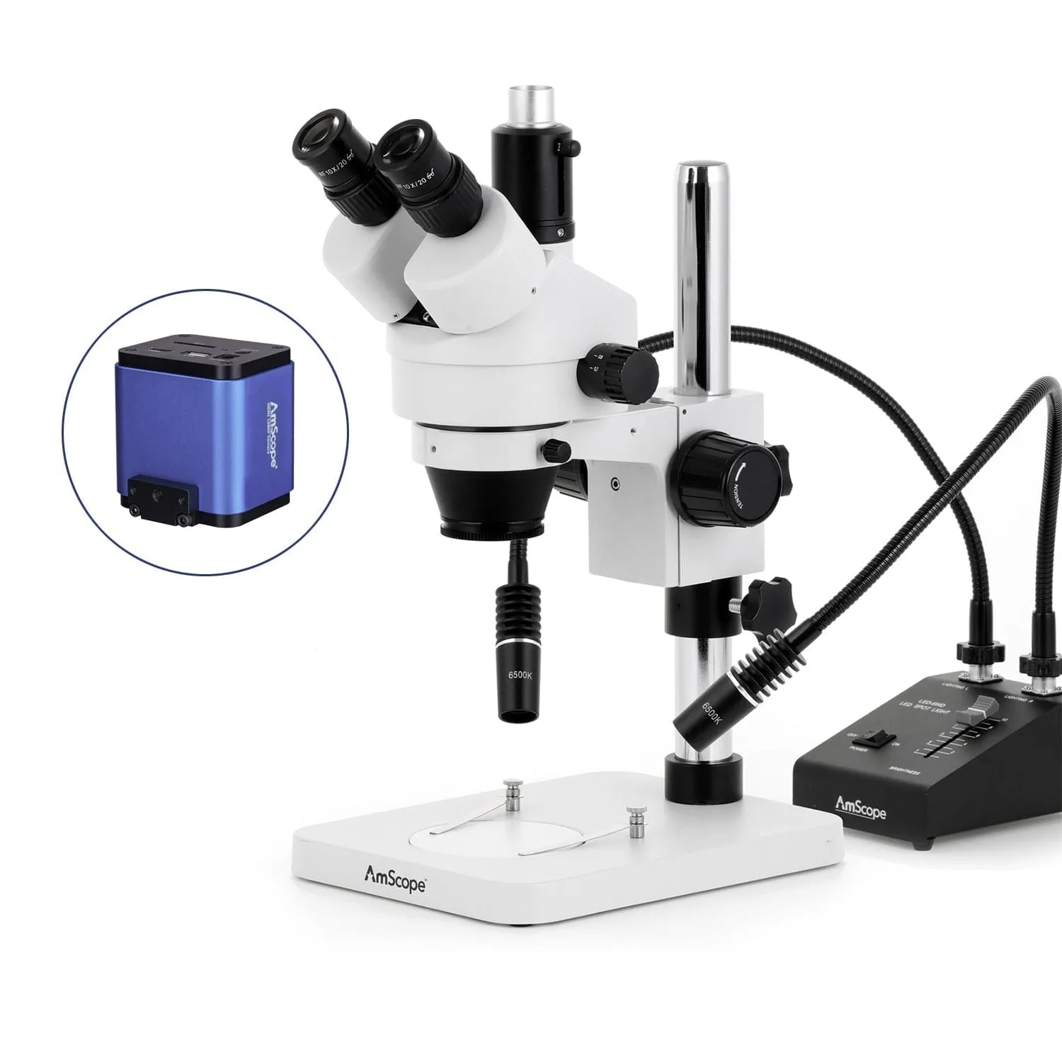 AmScope SM-1 Series Zoom Trinocular Stereo Microscope with 6W Dual-Gooseneck LED Illuminator and HDMI Camera on Pillar Stand