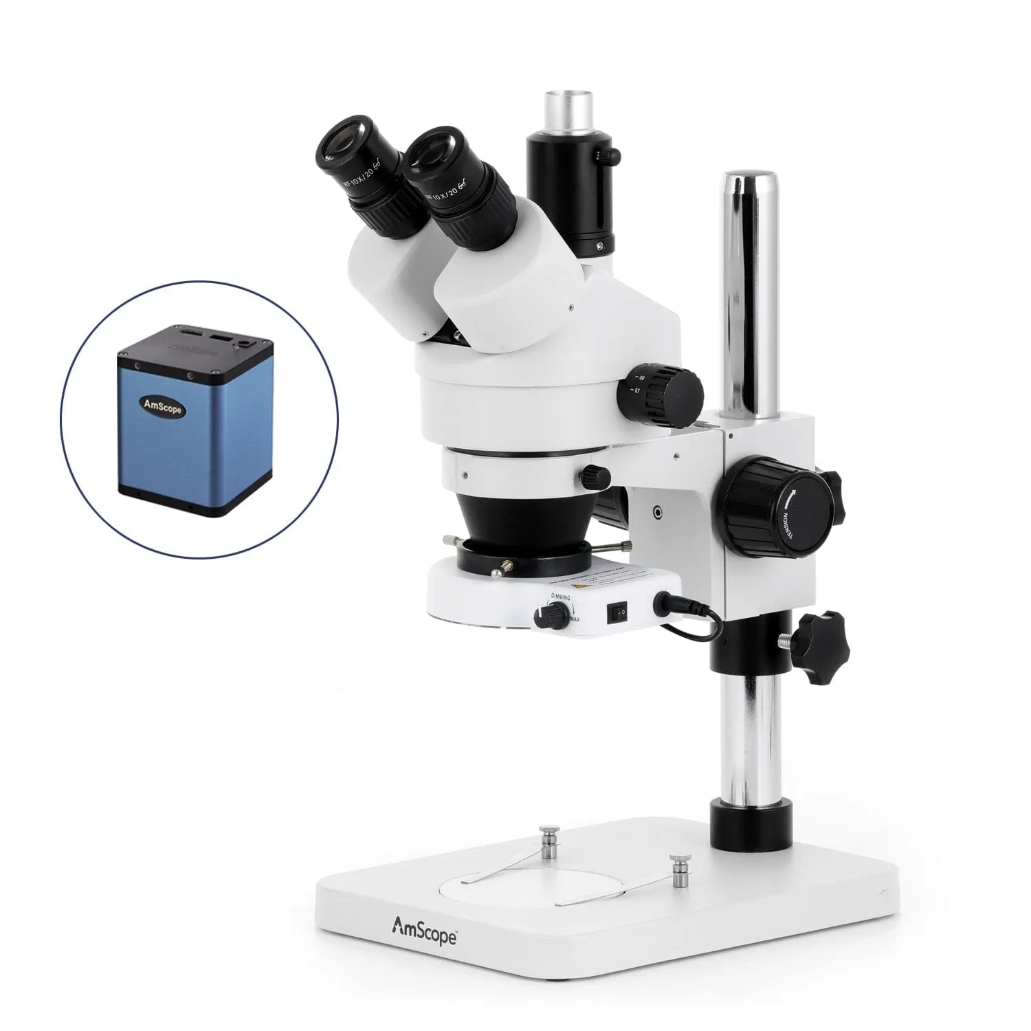 AmScope SM-1 Series Zoom Trinocular Stereo Microscope with 80 LED Compact Ring Light and Auto Focus Camera on Pillar Stand