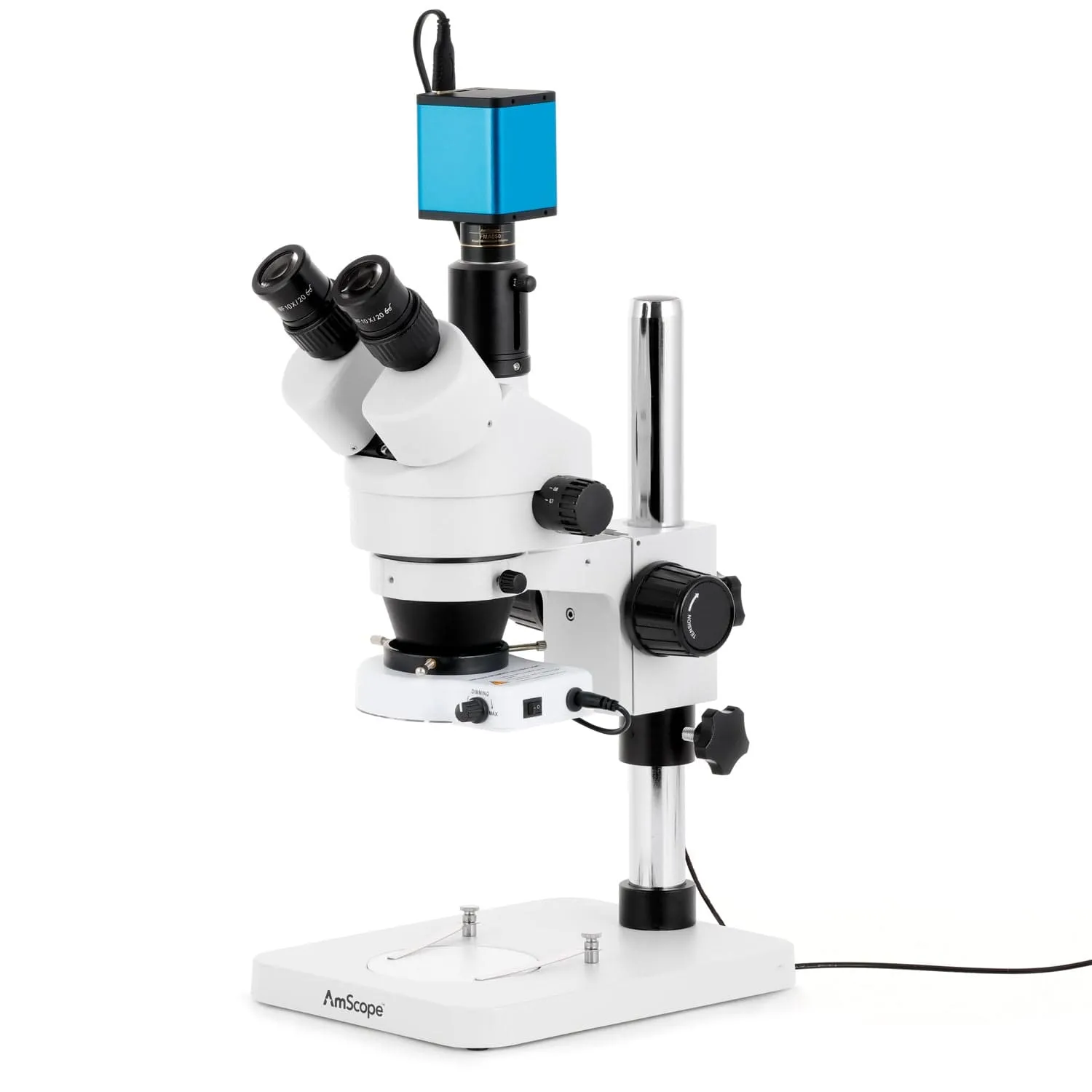 AmScope SM-1 Series Zoom Trinocular Stereo Microscope with 80 LED Compact Ring Light and Auto Focus Camera on Pillar Stand